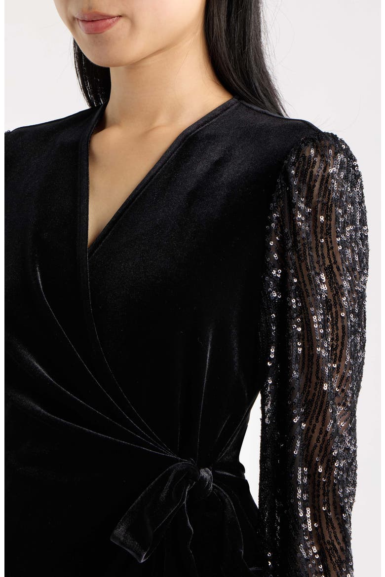 Leo Sequin Sleeve Velvet Wrap Top, Alternate, color, ANNE BLACK