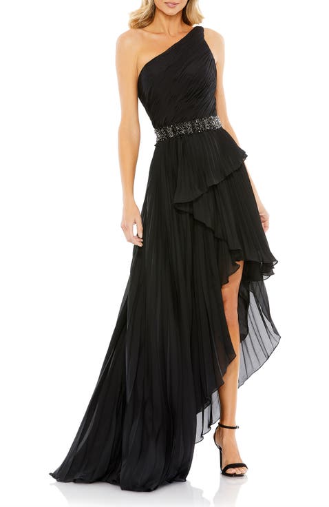 Embellished Gown with Strappy Open Back & Asymmetrical Ruffle Hem