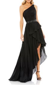 Mac Duggal Embellished Gown with Strappy Open Back & Asymmetrical Ruffle Hem