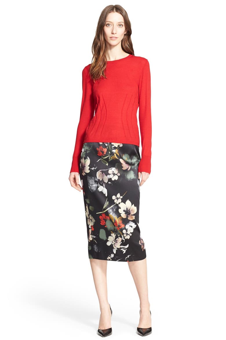 Floral Print Stretch Satin Pencil Skirt, Alternate, color, BLACK PAINTERLY FLORAL PRINT