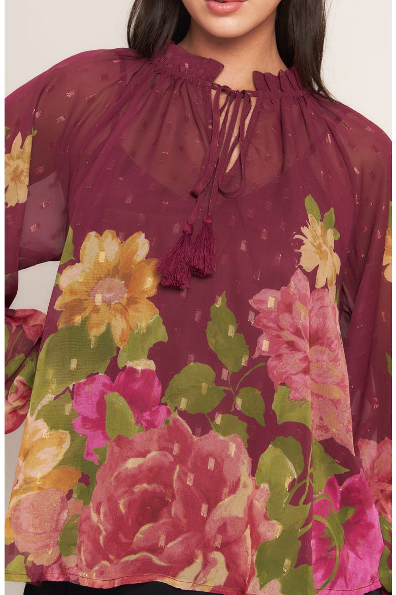 Print Tie Neck Top, Alternate, color, BURGUNDY