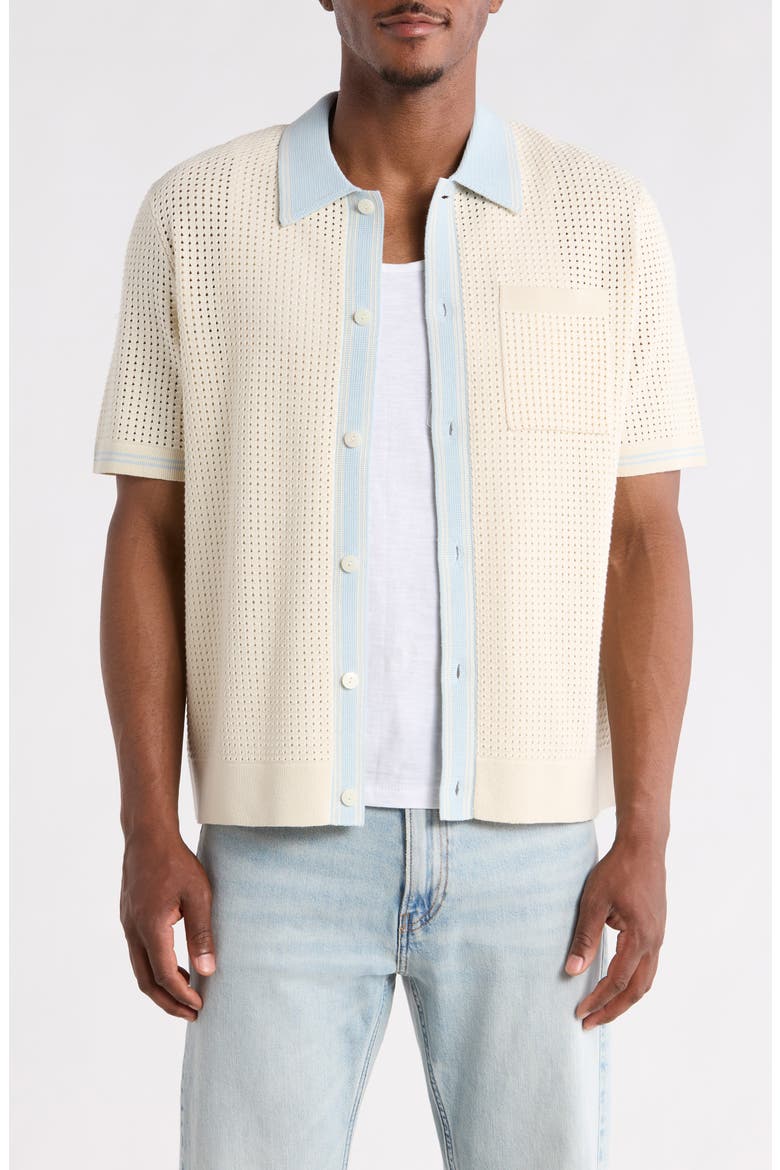 Belle Tipped Pointelle Stitch Short Sleeve Button-Up Shirt, Main, color, ECRU / PALE BLUE