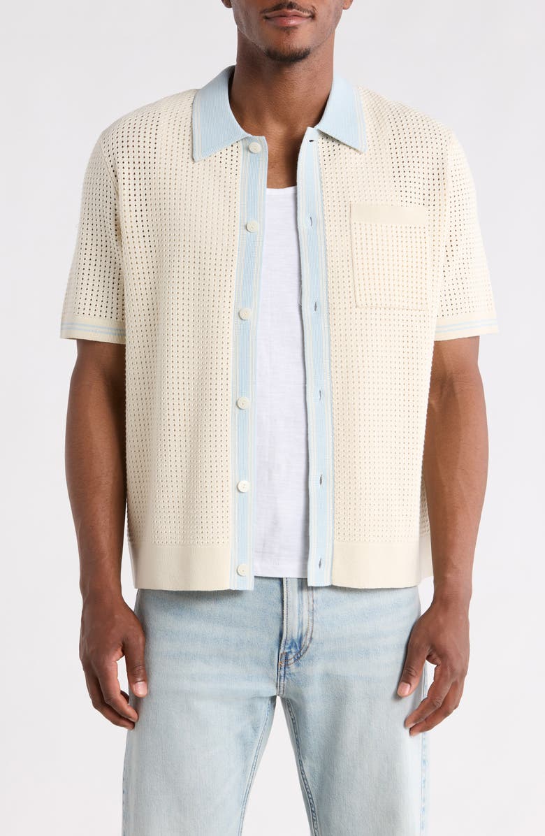 Wax London Belle Tipped Pointelle Stitch Short Sleeve Button-Up Shirt, Main, color, Ecru / Pale Blue
