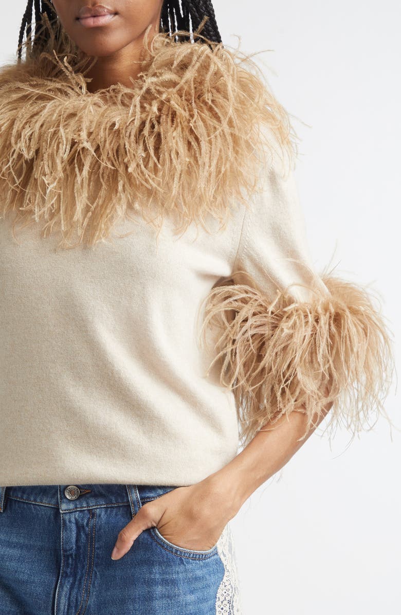 Dolce&Gabbana Feather Trim Short Sleeve Cashmere Sweater, Alternate, color, Beige