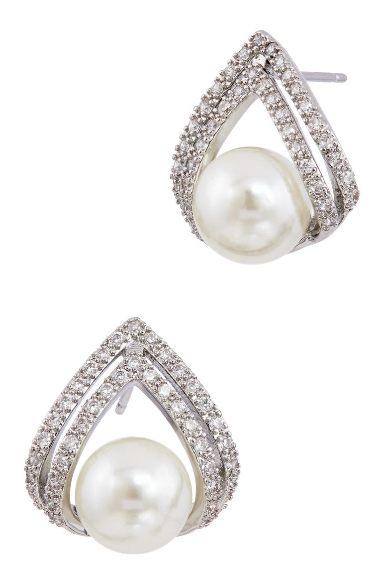 Cubic Zirconia & Faux Pearl Stud Earrings, Main, color, WHITE GOLD
