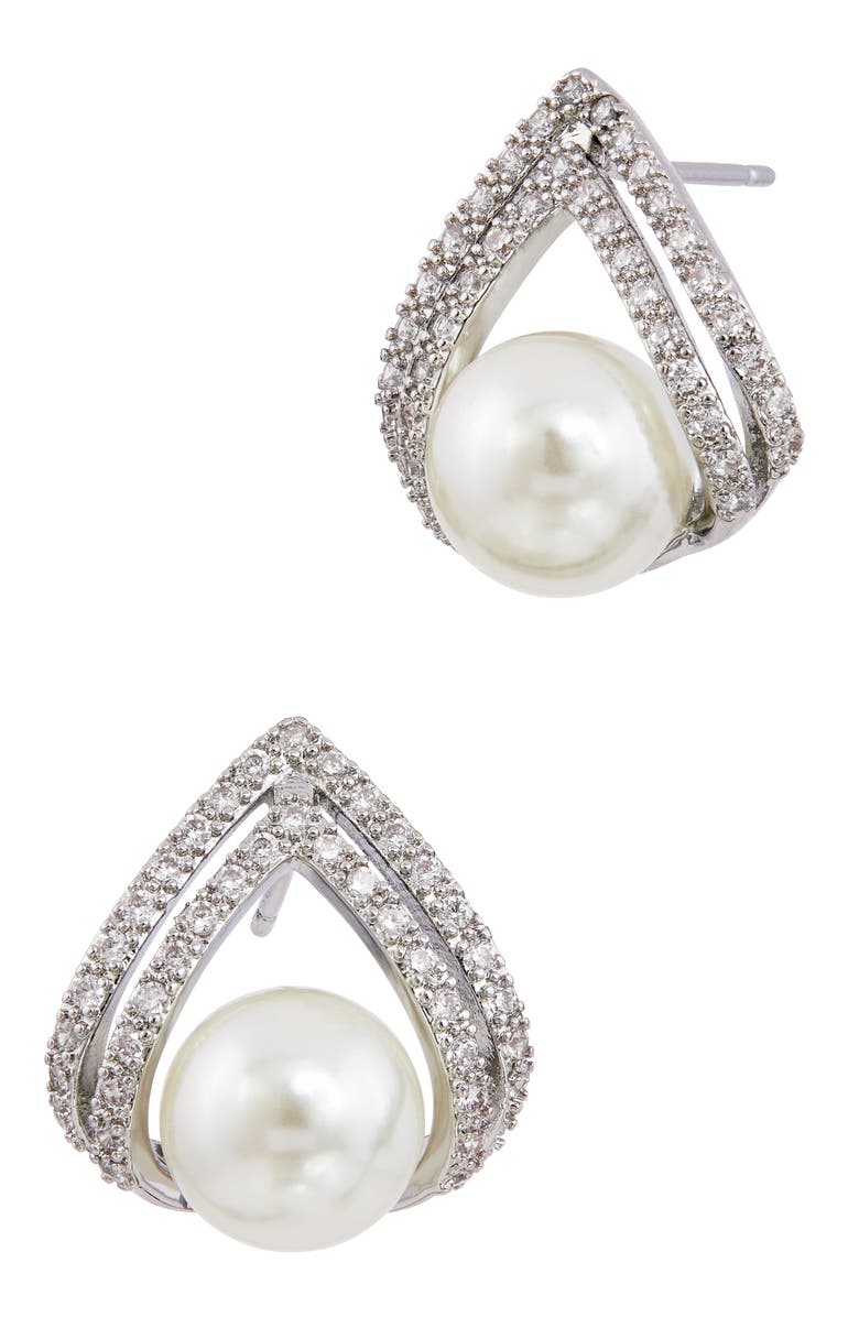 SAVVY CIE JEWELS Cubic Zirconia & Faux Pearl Stud Earrings, Main, color, White Gold