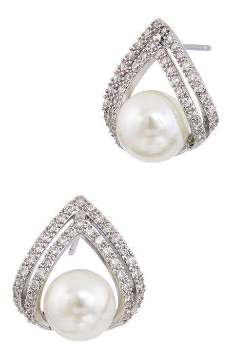 Cubic Zirconia & Faux Pearl Stud Earrings
