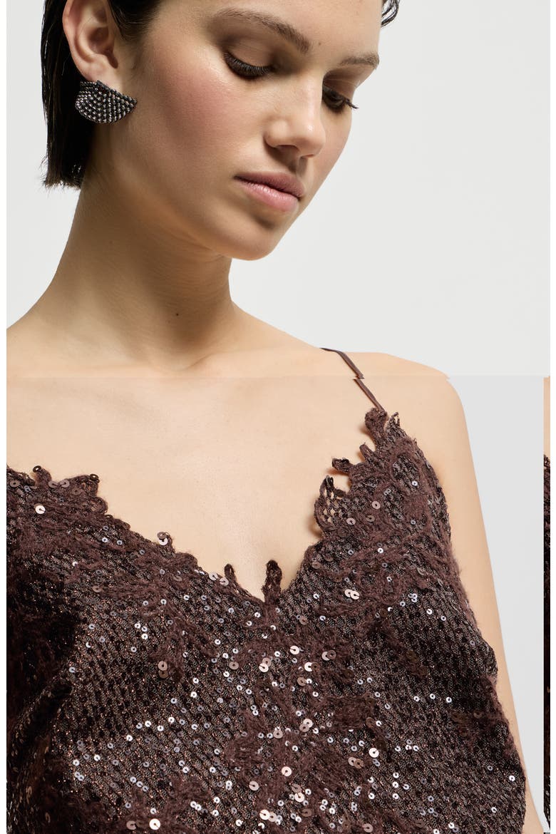 Dazzling lace embroidery dress in sparkling mohair and wool, Alternate, color, Brown Gianduia