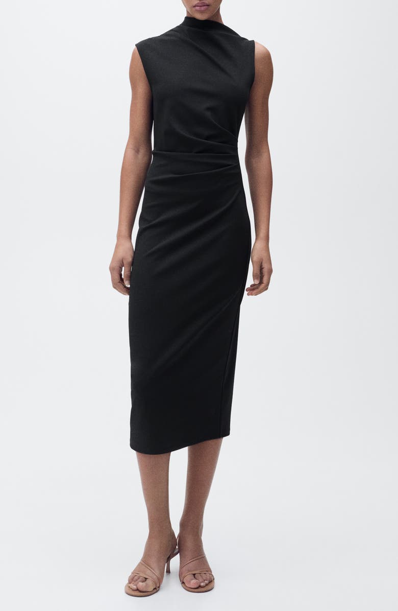 MANGO Drape Mock Neck Sleeveless Midi Dress, Main, color, Black
