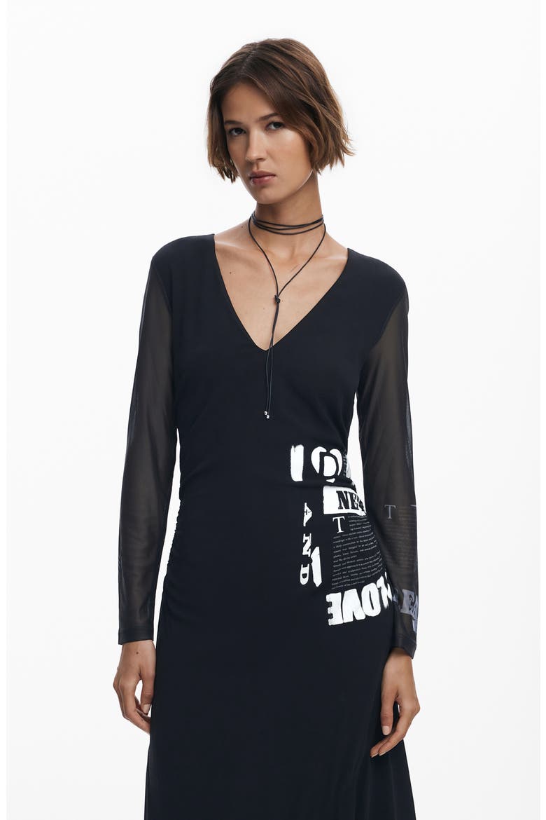 Print Long Sleeve Maxi Dress, Alternate, color, BLACK