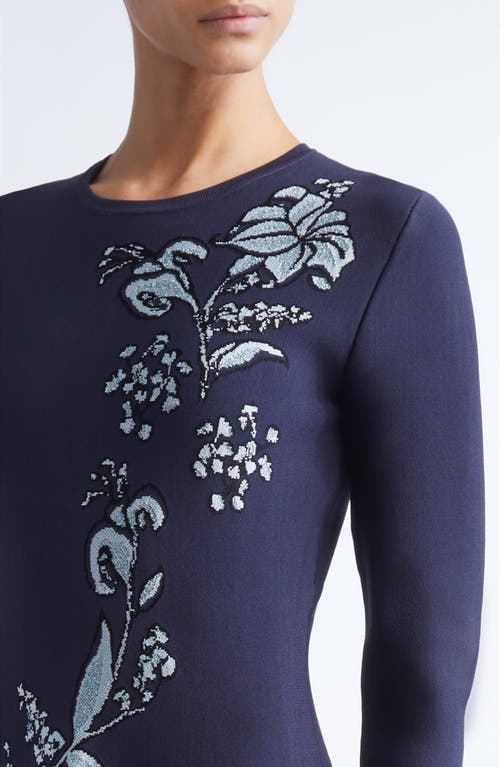 Lela Rose Peony Metallic Jacquard Long Sleeve Fit & Flare Dress In Blue