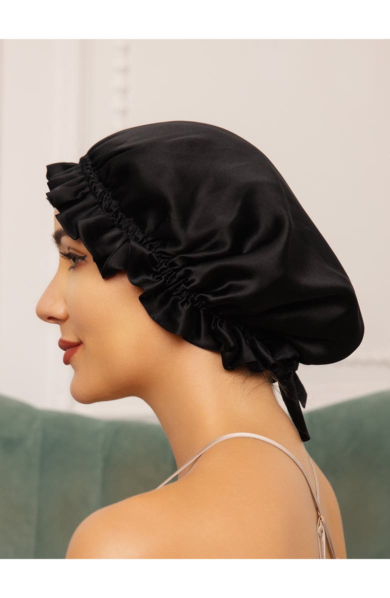 SILKSILKY Pure Silk Double Layer Bonnet with Ribbon, Alternate, color, Black