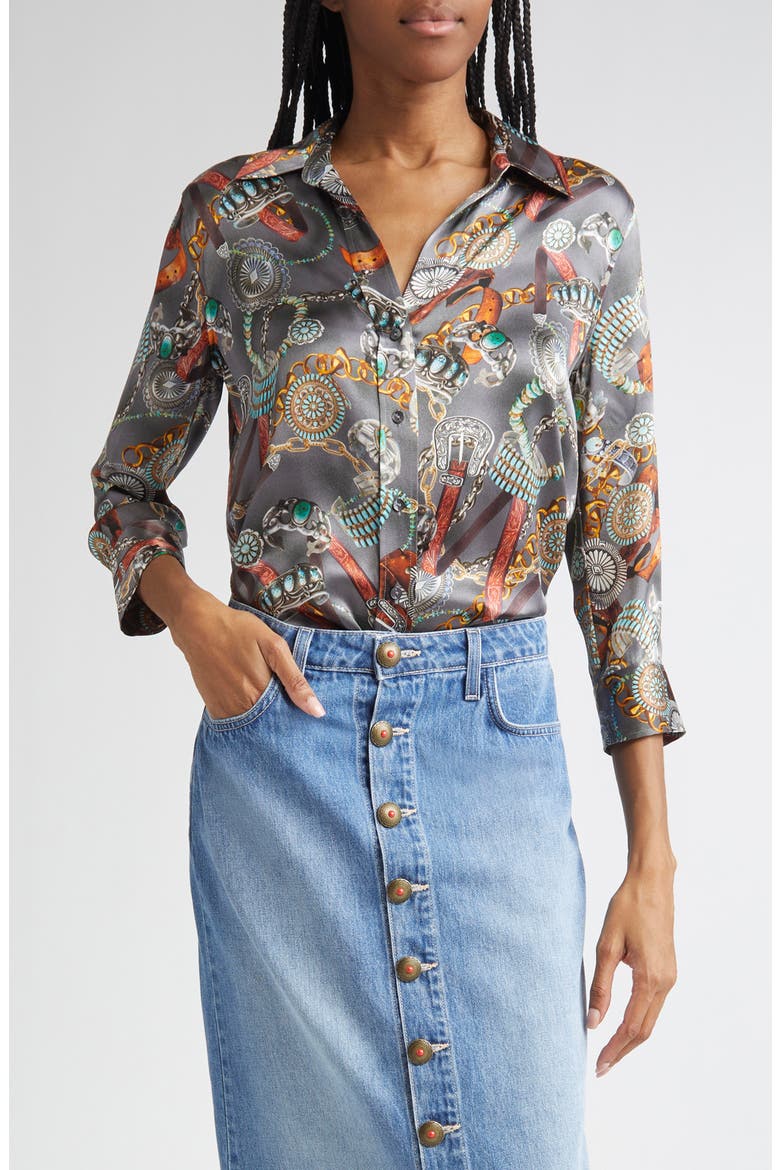 Dani Three-Quarter Sleeve Silk Button-Up Shirt, Main, color, MULTI WESTERN BELT PRINT