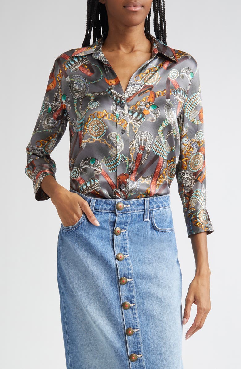 L'AGENCE Dani Three-Quarter Sleeve Silk Button-Up Shirt, Main, color, Multi Western Belt Print