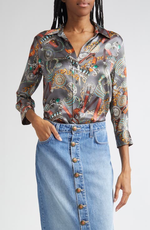 Dani Three-Quarter Sleeve Silk Button-Up Shirt