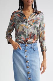 L'AGENCE Dani Three-Quarter Sleeve Silk Button-Up Shirt