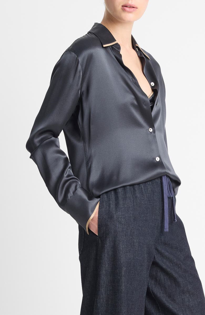 Vince Tipped Collar Silk Button-Up Shirt, Alternate, color, Graphite/ Rye