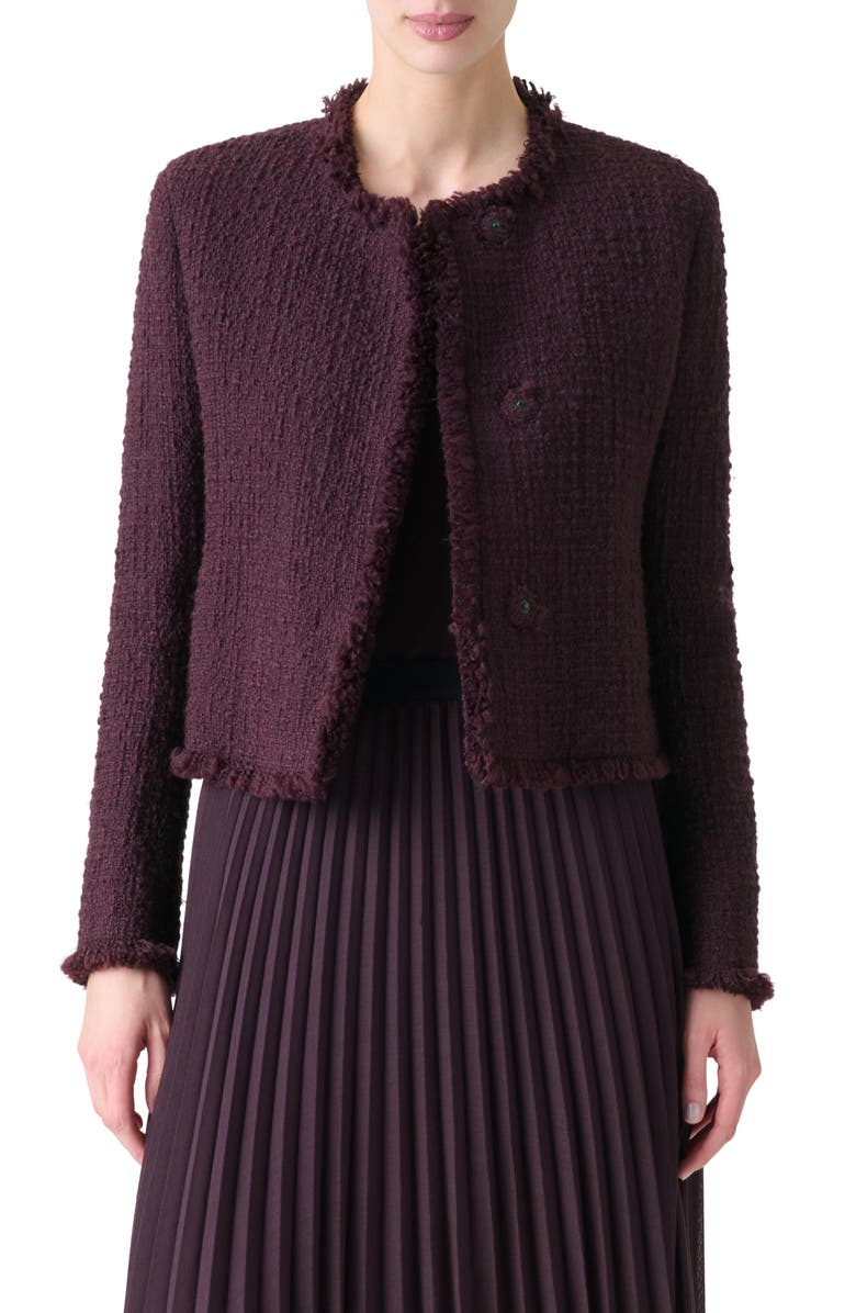 Akris punto Fringe Tweed Crop Jacket, Main, color, Blackberry