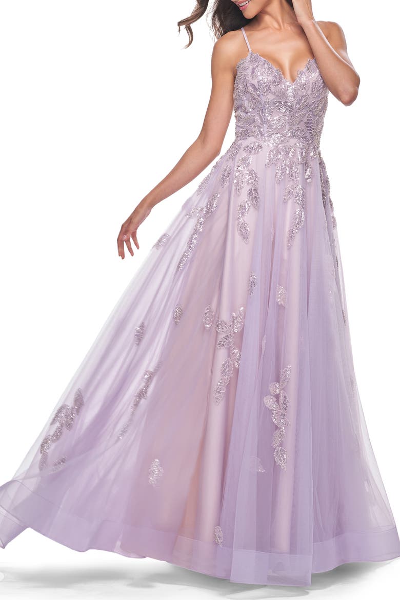 Two Tone Tulle A-Line Prom Dress with Floral Beaded Detail, Alternate, color, Lavender