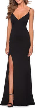 La Femme Long Jersey Dress with Cut Out Open Back