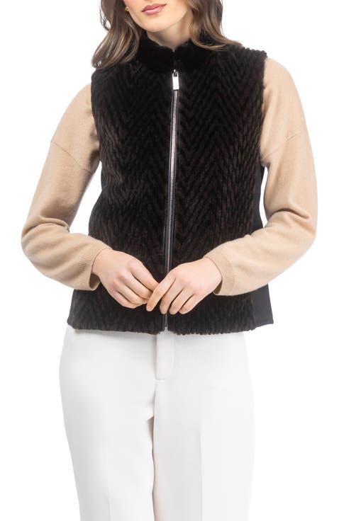 Genuine Shearling Chevron Zip Vest With Wool Back