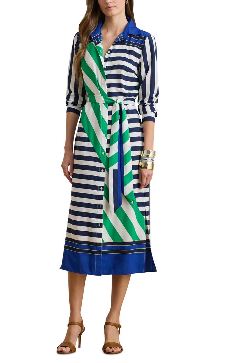 Lauren Ralph Lauren Fayella Stripe Long Sleeve Midi Shirtdress, Main, color, Navy Blue/ White/ Green