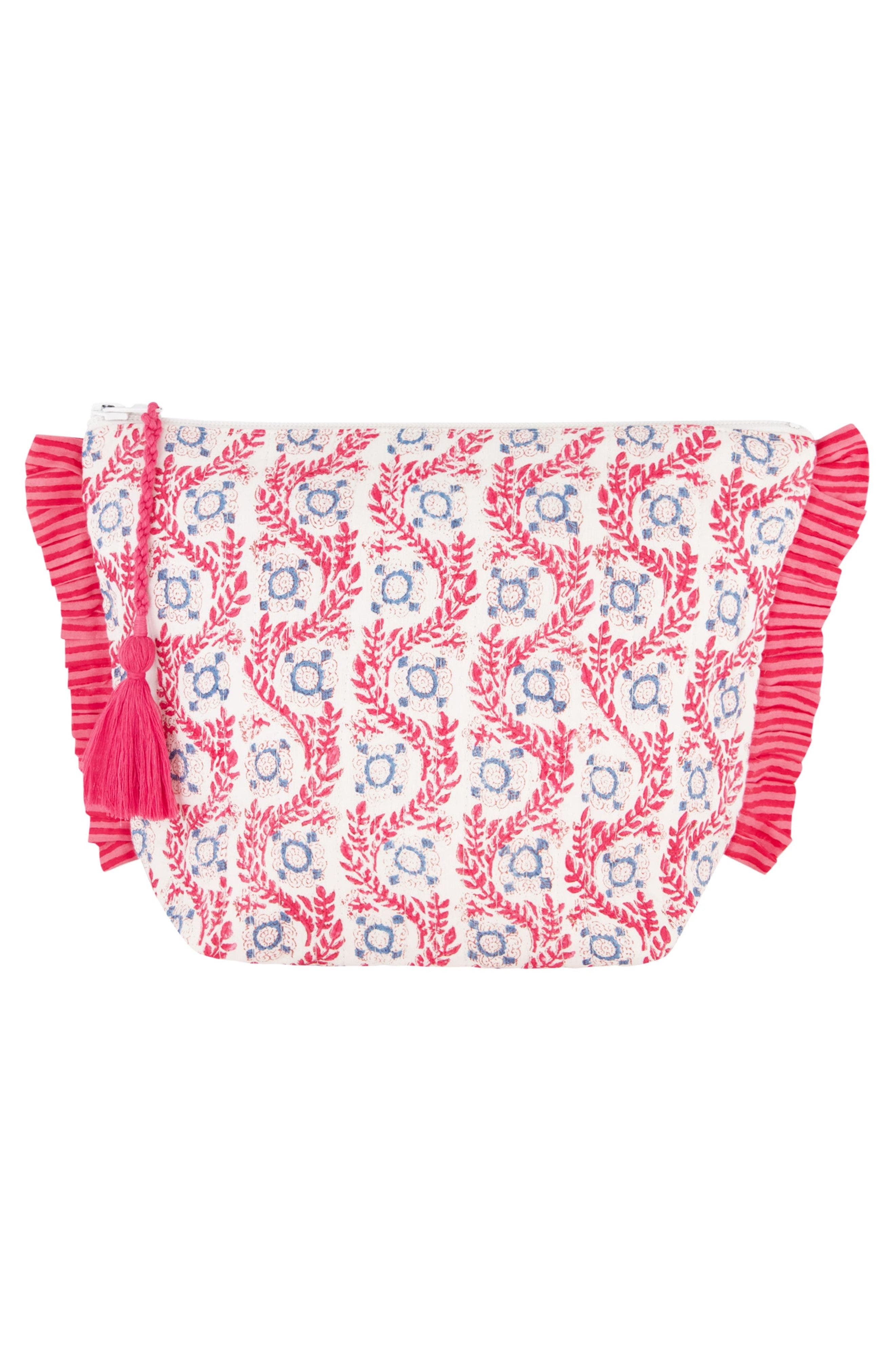 Mer St. Barth La Plage Ruffle Pouch Jaipur Bloom, Main, color, Pink