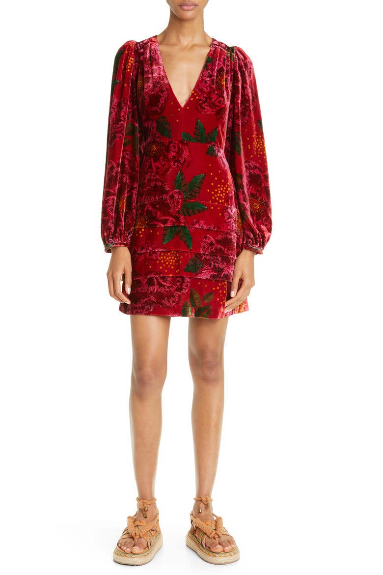Shiny Flowers Long Sleeve Minidress, Main, color, SHINY FLOWERS RED
