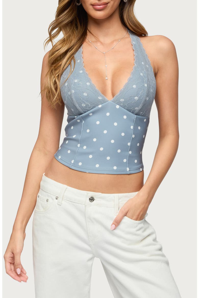Lacy Dot Crop Halter Top, Main, color, GRAY