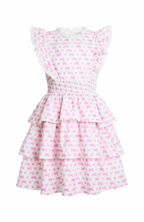 Girly Bow Smocked Ruffle Tiered Dress (Toddler, Little Kid & Big Kid)