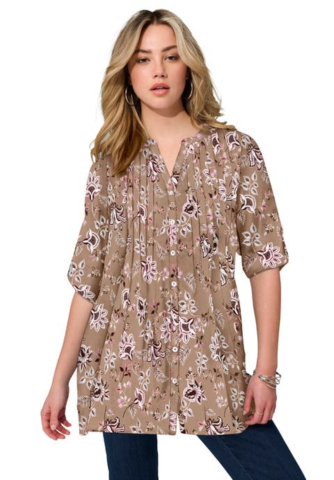 Pintuck Tunic Blouse Y-Neck & Roll-Tab Sleeves (Plus)