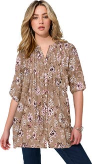 Roaman's Pintuck Tunic Blouse Y-Neck & Roll-Tab Sleeves