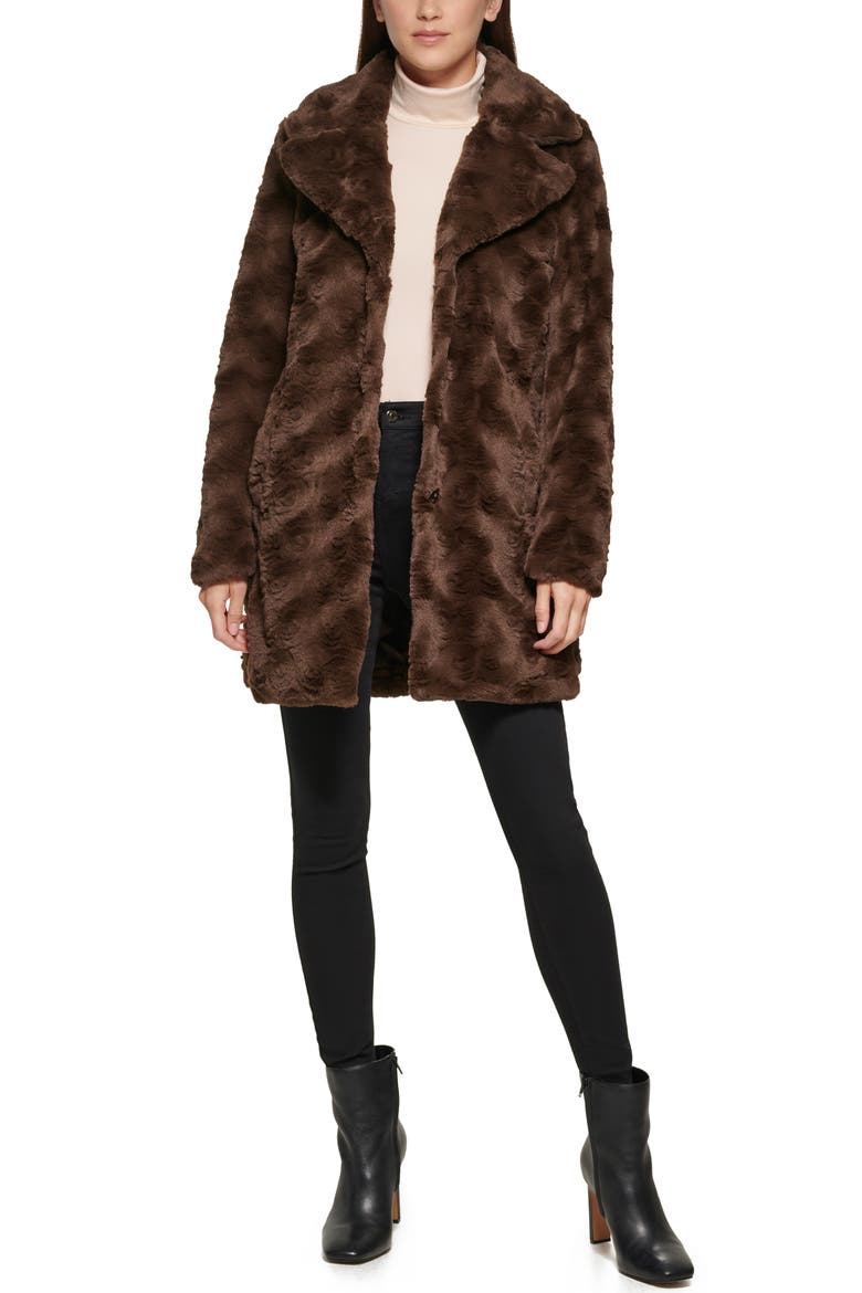 Notch Collar Faux Fur Coat, Alternate, color, CHOCOLATE