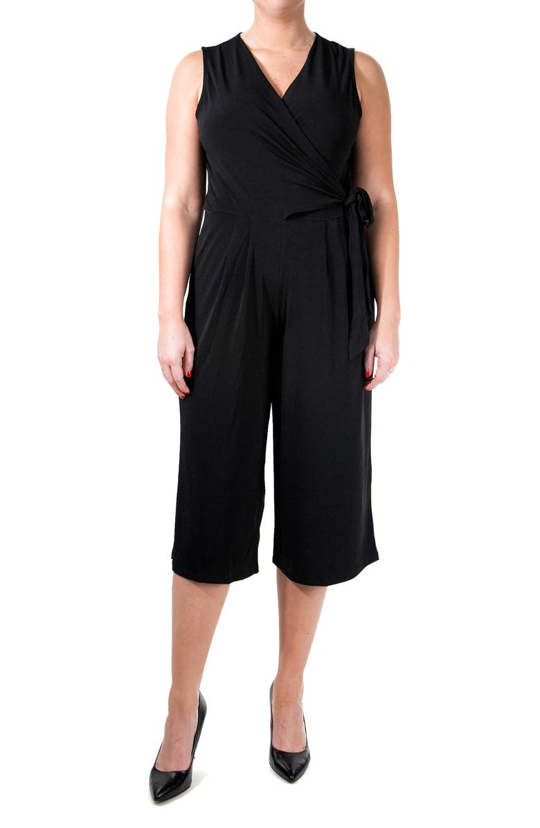 Nina Leonard Surplice Wrap Crop Jumpsuit, Main, color, Black
