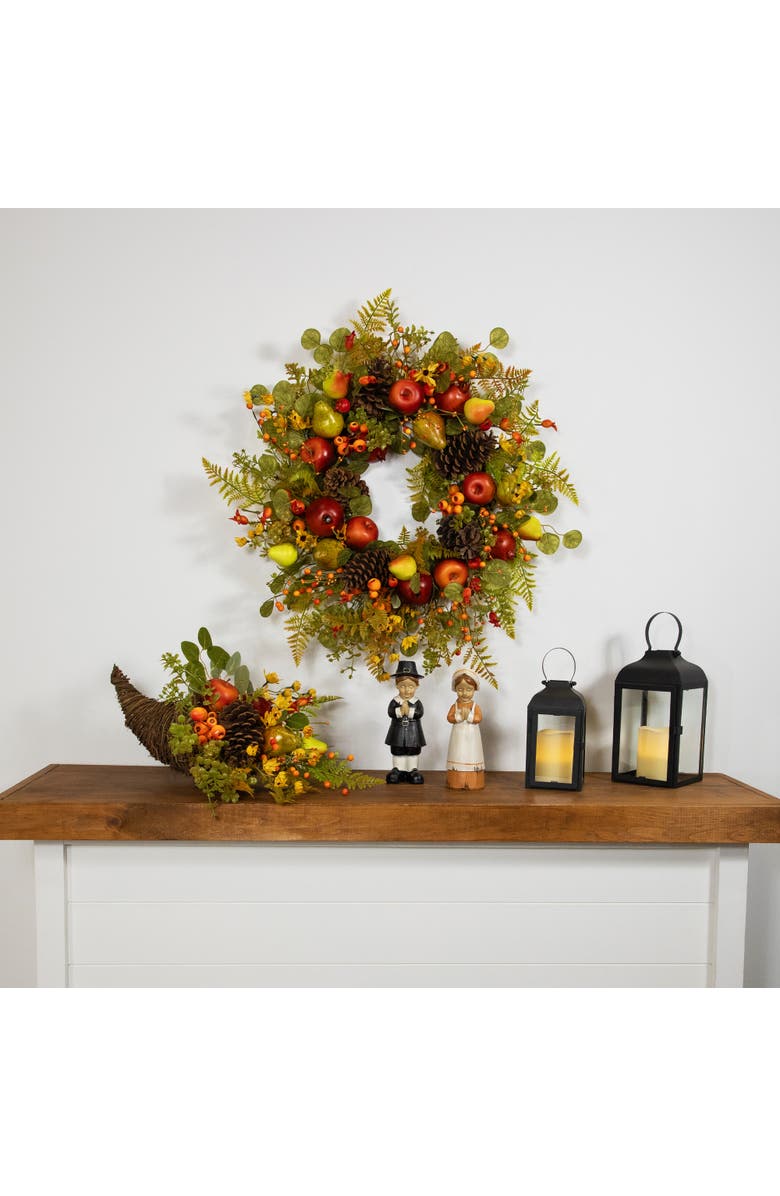 Northlight Apples, Pears and Ferns Artificial Fall Harvest Wreath - 26", Alternate, color, Green