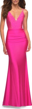 La Femme Neon Jersey Dress with Rhinestone Beaded Top and V Neck