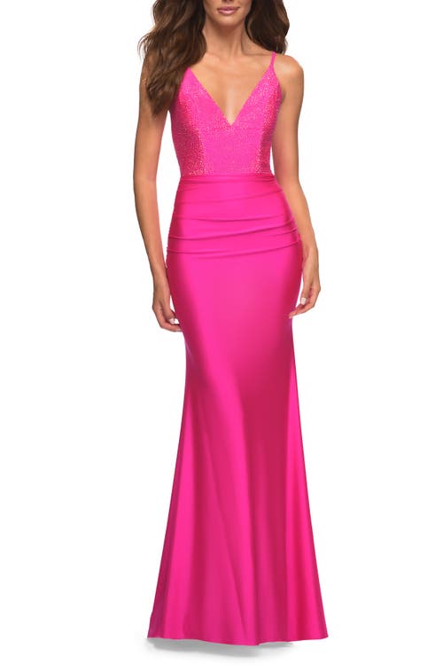 La Femme Neon Jersey Dress With Rhinestone Beaded Top And V Neck