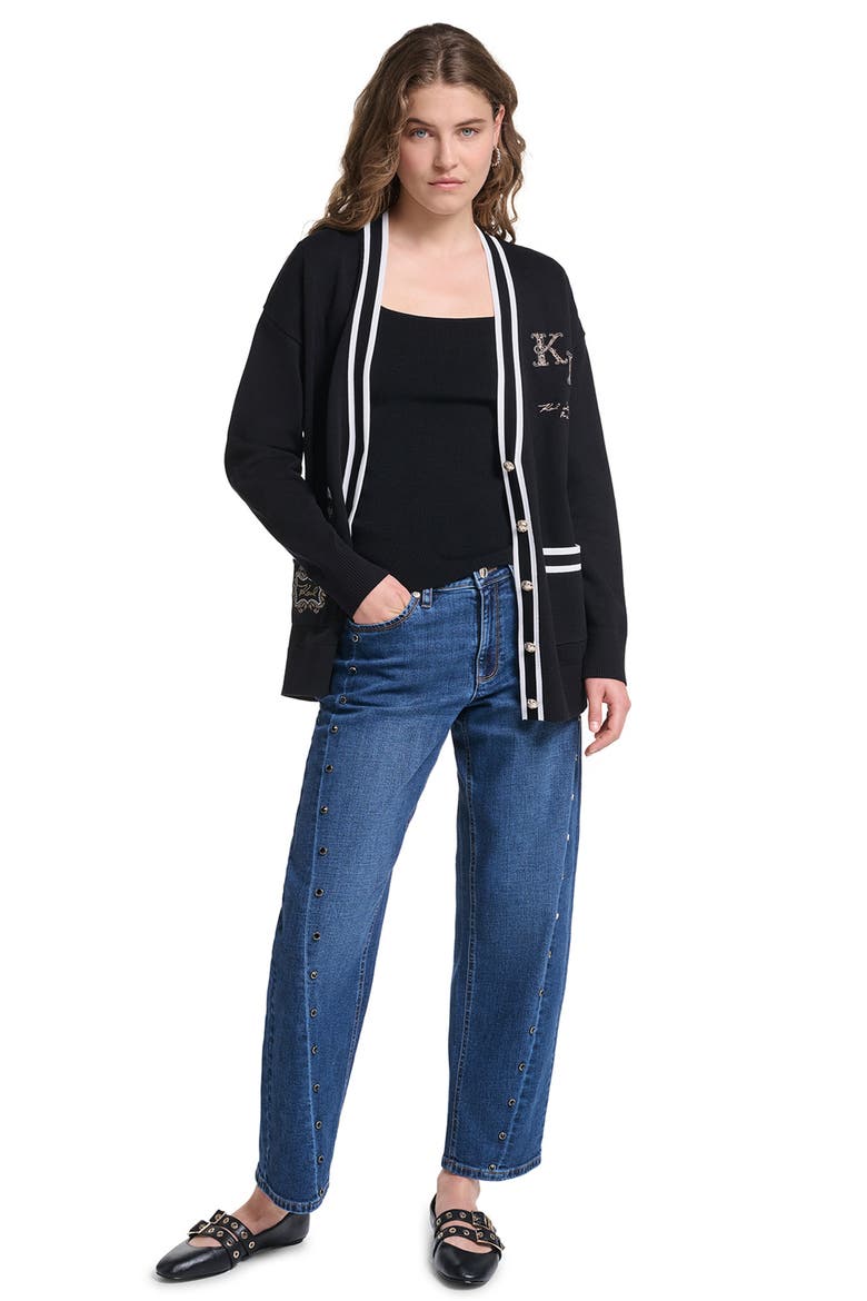 Contrast Trim Cardigan, Alternate, color, BLACK/ SOFT WHITE