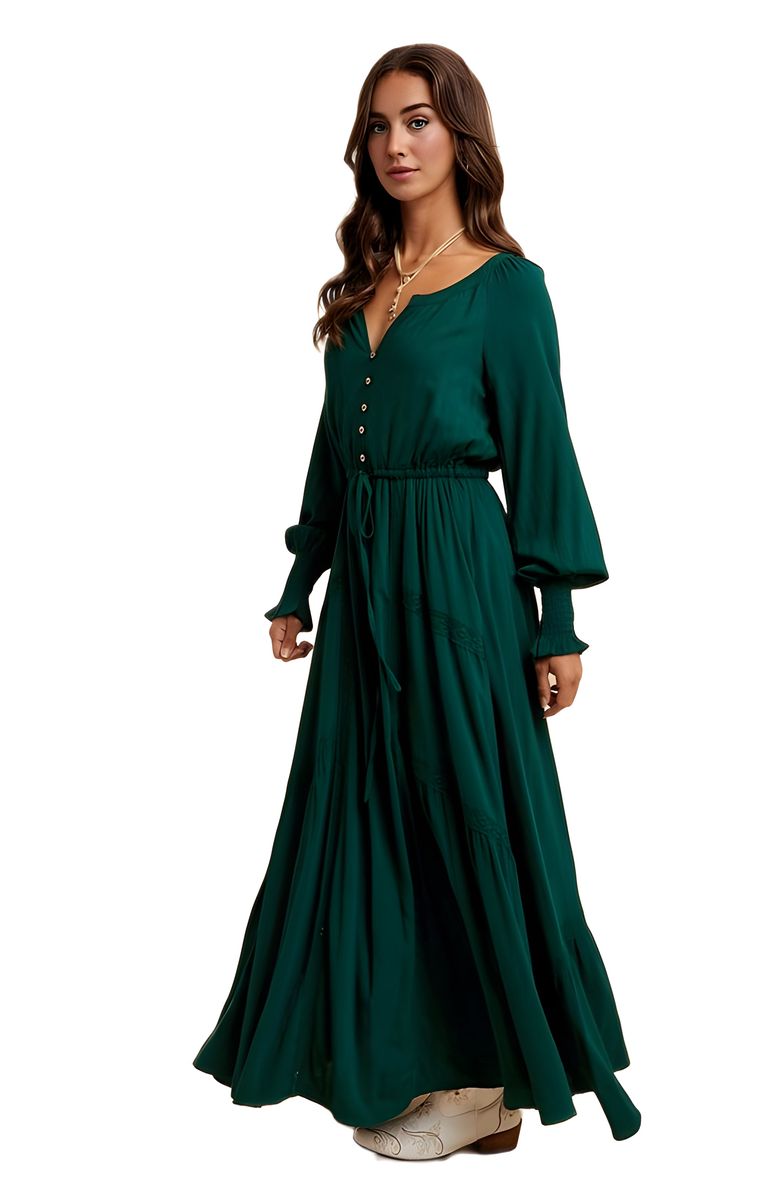 Knit and Lounge Long Sleeve Front Button Waist Tie Maxi Dress, Alternate, color, Emerald