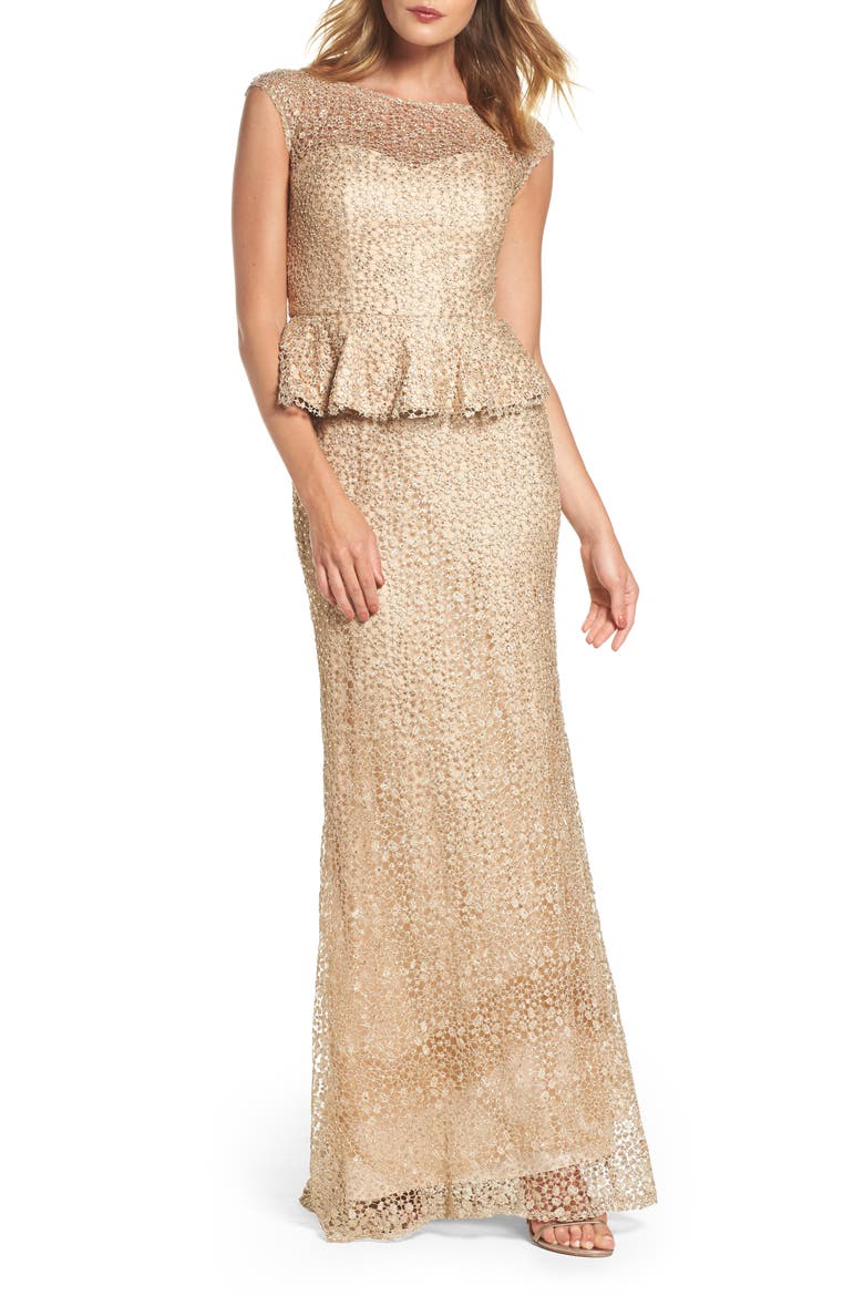 Embellished Lace Peplum Gown, Main, color, CHAMPAGNE