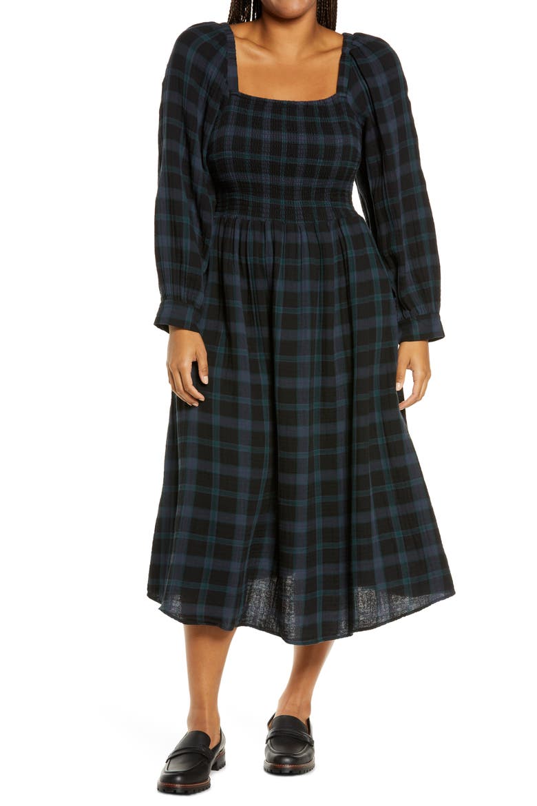 Lucie Livonia Plaid Lightspun Long Sleeve Smocked Midi Dress, Main, color, DARK BALTIC