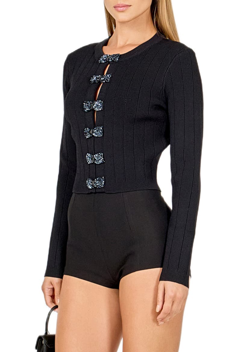 Bow Detail Crop Rib Cardigan, Alternate, color, BLACK