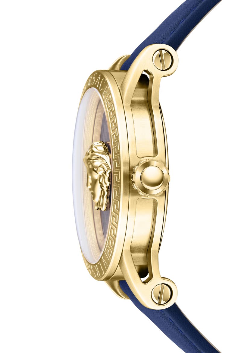 V-Code Swiss Quartz Leather Strap Watch, 43mm, Alternate, color, GOLD