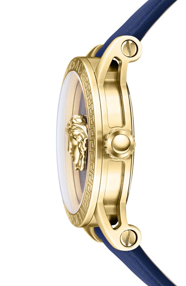 Versace V-Code Swiss Quartz Leather Strap Watch, 43mm, Alternate, color, Gold