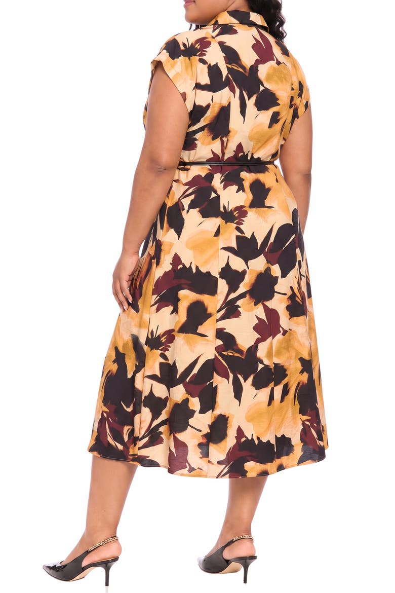 Cap-Sleeved Collared Midi Dress, Alternate, color, TAN/ GOLD
