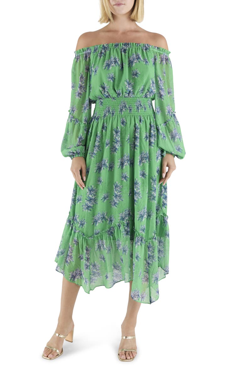 Velma Off the Shoulder Midi Dress, Main, color, BRIGHT FERN COMBO