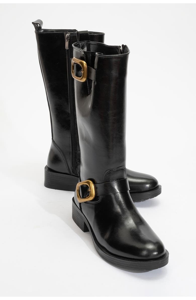 Prologue Shoes Grand Buckled Boot, Main, color, Black Faux Leather