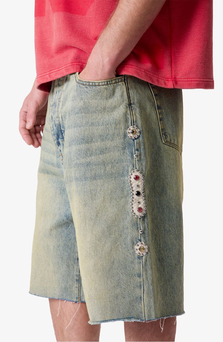 mnml Baggy Mojave Embellished Cutoff Denim Shorts, Alternate, color, 