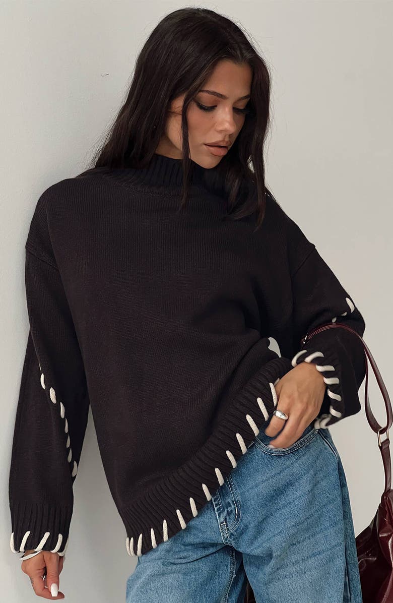 Princess Polly Leizure Whipstitch Trim Turtleneck Sweater, Alternate, color, Brown