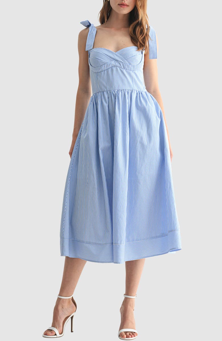 Lush Stripe Tie Strap Fit & Flare Midi Dress, Main, color,